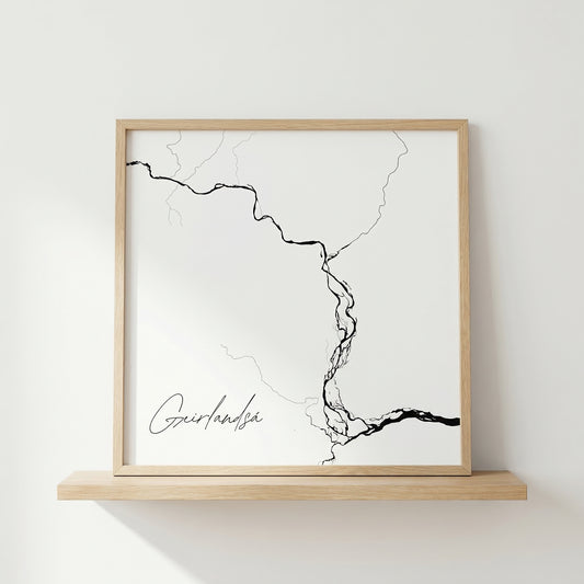 Geirlandsá Iceland river art print in oak frame – minimalist river line art – neutral home styling – Veidislod