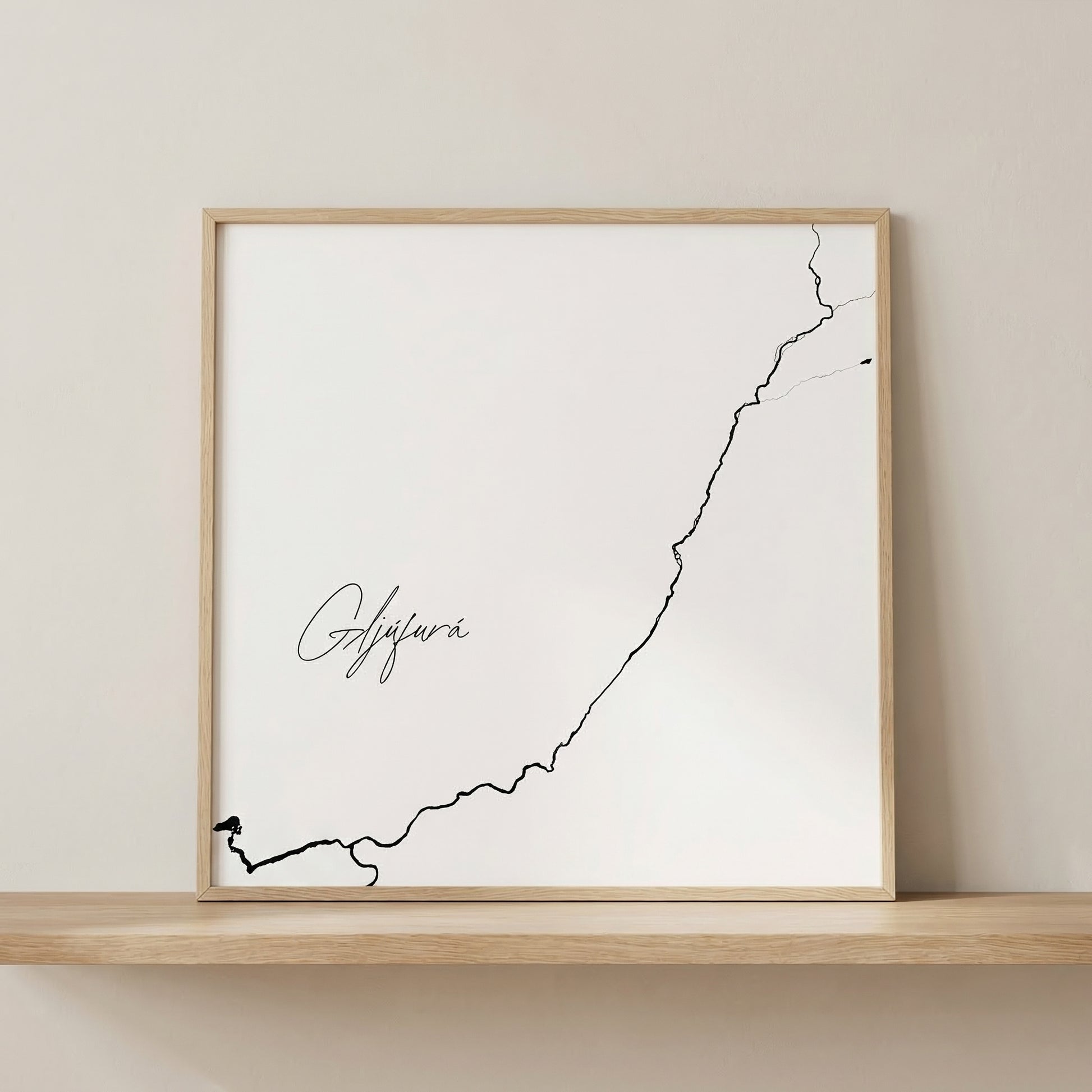 Gljúfurá Iceland river art print in oak frame – minimalist line drawing wall art – clean studio wall – Veidislod