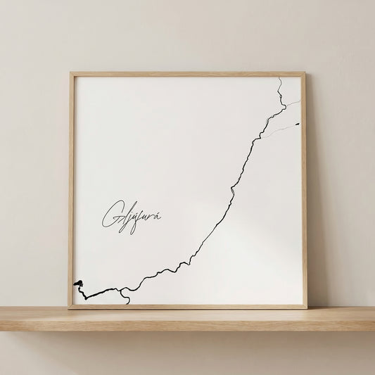 Gljúfurá Iceland river art print in oak frame – minimalist line drawing wall art – clean studio wall – Veidislod
