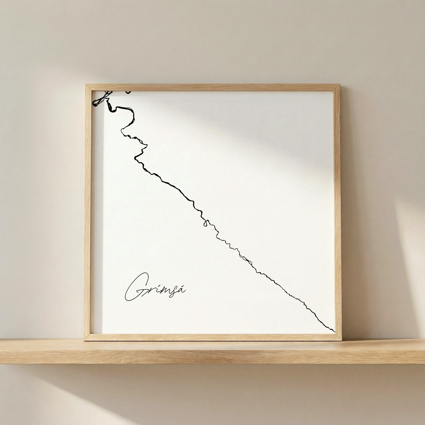 Grímsá Iceland salmon river art print in oak frame – minimalist river line artwork – nordic home decor – Veidislod