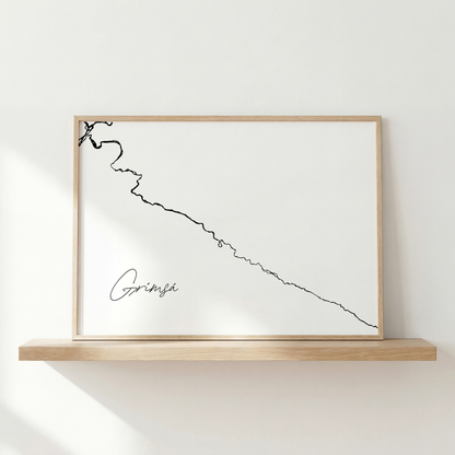 Grímsá Iceland salmon river art print in oak frame – minimalist river line artwork – nordic home decor – Veidislod