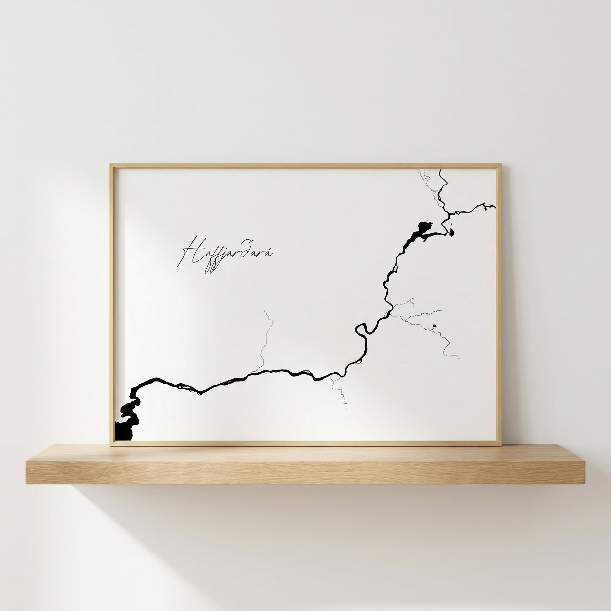 Haffjarðará Iceland river art print in oak frame – minimalist river line drawing – modern interior wall – Veidislod