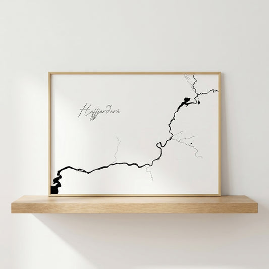 Haffjarðará Iceland river art print in oak frame – minimalist river line drawing – modern interior wall – Veidislod