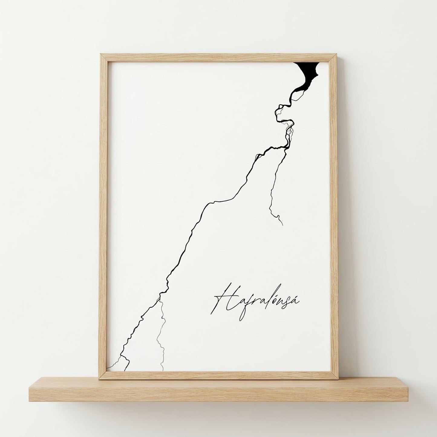 Hafralónsá Iceland river art print in oak frame – minimalist line art wall decor – nordic styling – Veidislod