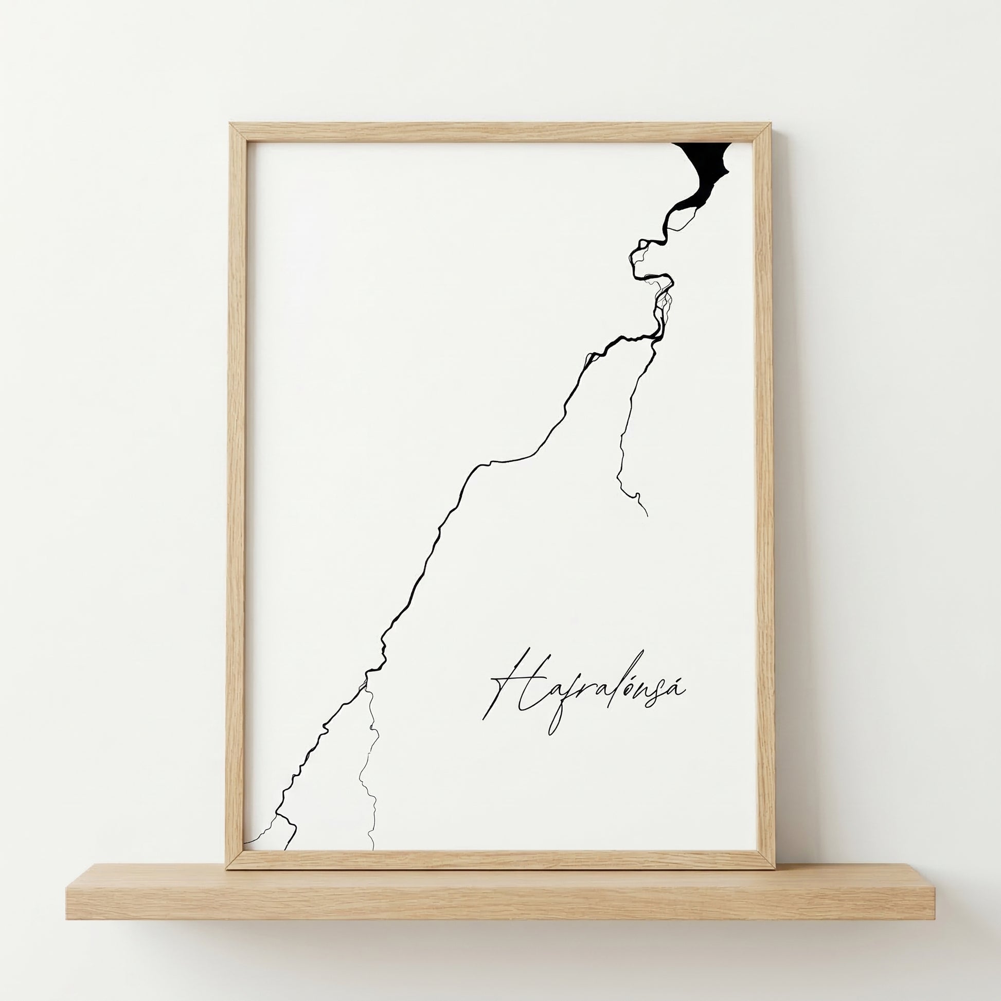 Hafralónsá Iceland river art print in oak frame – minimalist line art wall decor – nordic styling – Veidislod
