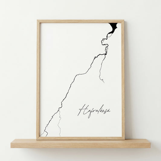 Hafralónsá Iceland river art print in oak frame – minimalist line art wall decor – nordic styling – Veidislod