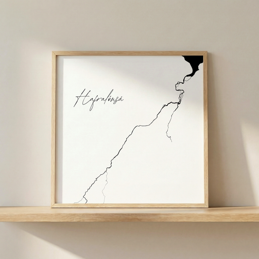Hafralónsá Iceland river art print in oak frame – minimalist line art wall decor – nordic styling – Veidislod