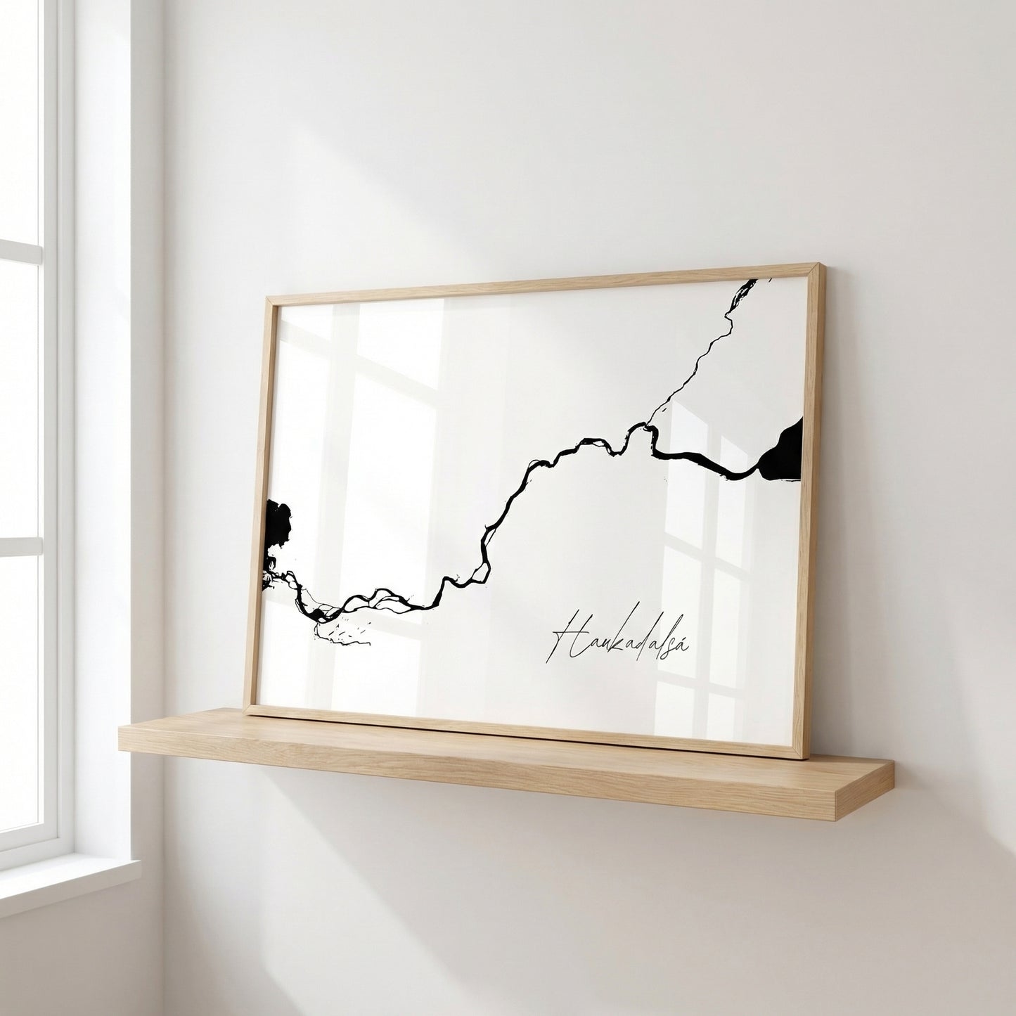 Haukadalsá Iceland river art print in oak frame – minimalist river artwork – clean scandi mockup – Veidislod