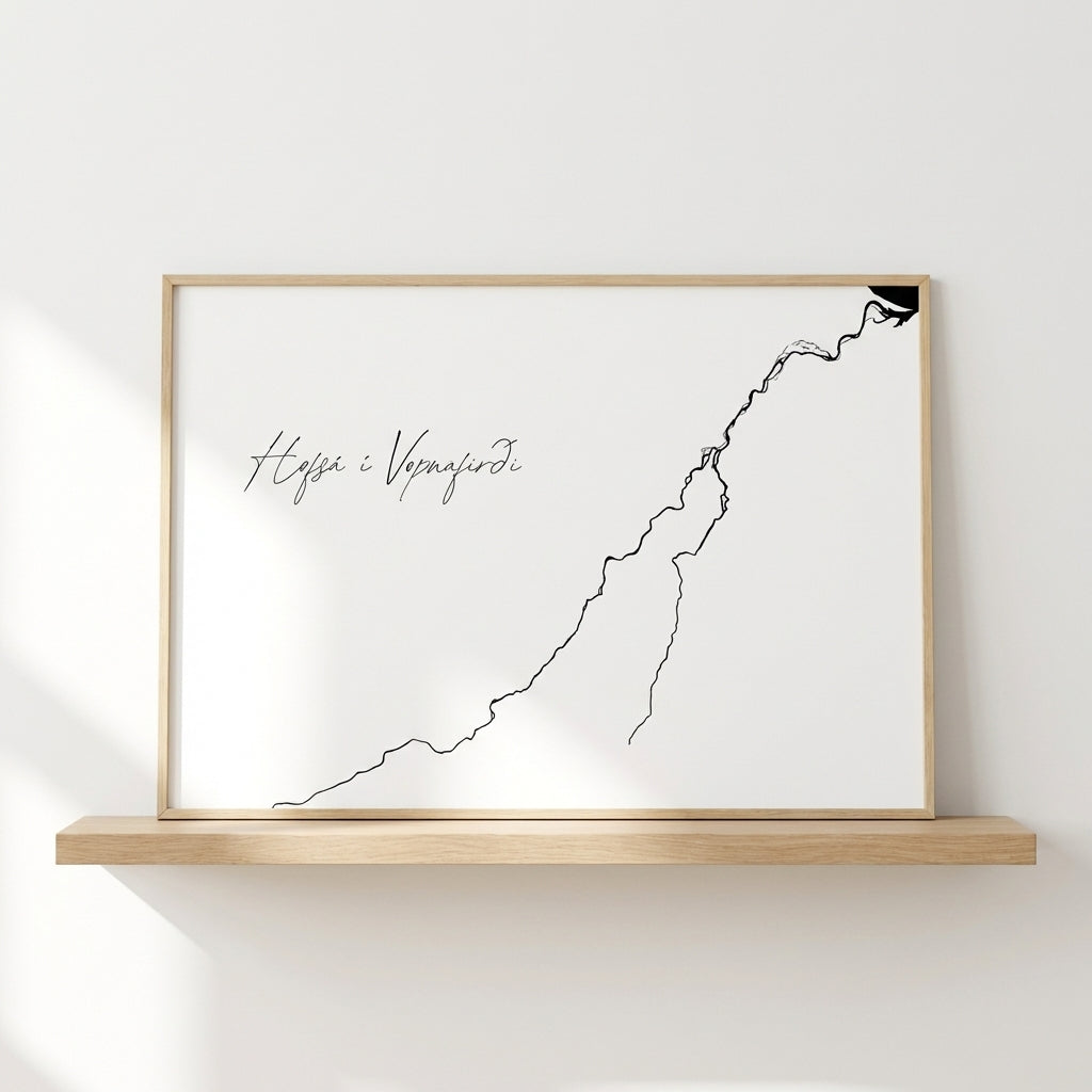 Hofsá í Vopnafirði Iceland salmon river art print in oak frame – minimalist line drawing wall art – nordic interior – Veidislod