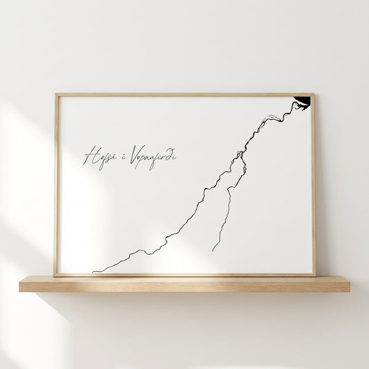 Hofsá í Vopnafirði Iceland salmon river art print in oak frame – minimalist line drawing wall art – nordic interior – Veidislod