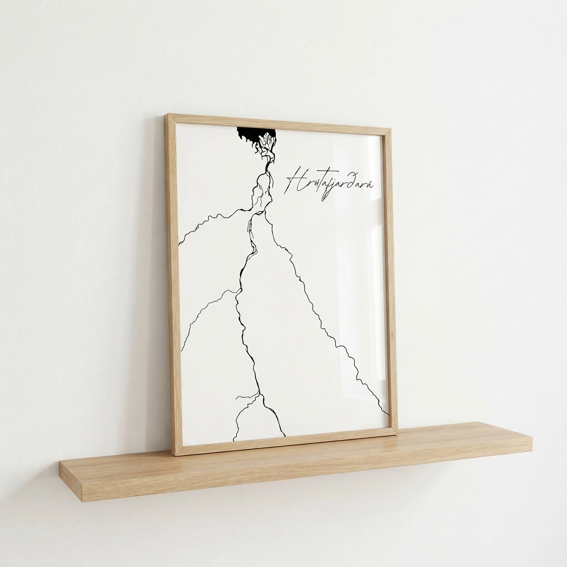 Hrútafjarðará Iceland river art print in oak frame – minimalist wall art line drawing – neutral interior – Veidislod