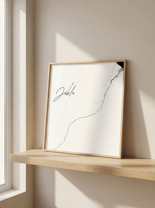 Jökla Iceland river art print in oak frame – minimalist river line drawing – scandinavian interior design – Veidislod