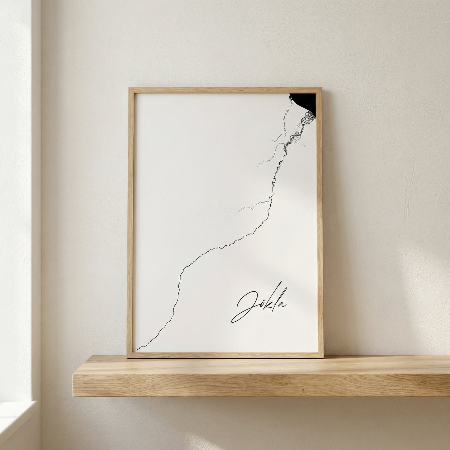 Jökla Iceland river art print in oak frame – minimalist river line drawing – scandinavian interior design – Veidislod