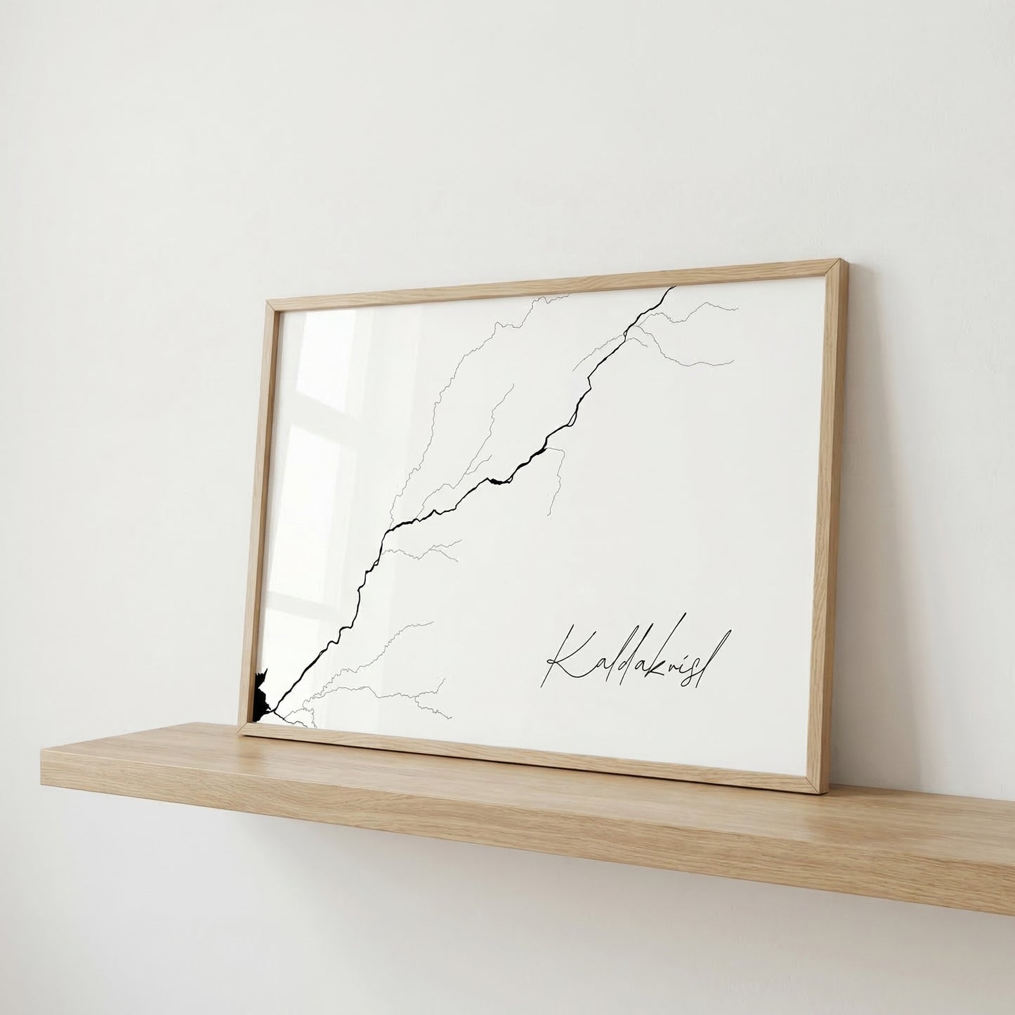 Kaldakvísl Iceland river art print in oak frame – minimalist line art wall decor – nordic home styling – Veidislod