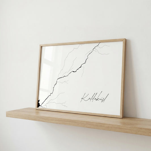Kaldakvísl Iceland river art print in oak frame – minimalist line art wall decor – nordic home styling – Veidislod