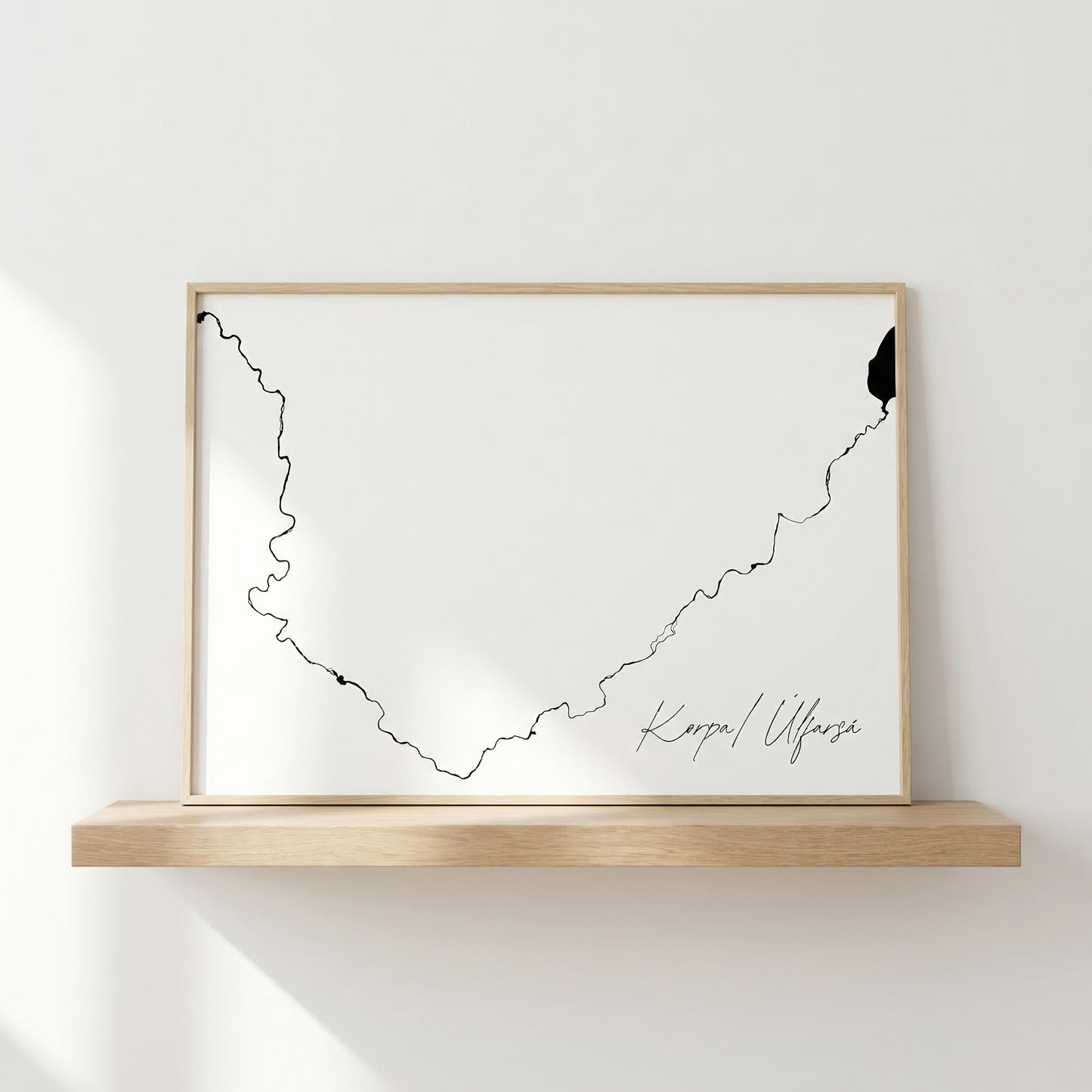 Korpa/Úlfarsá Iceland river art print in oak frame – minimalist river line artwork – clean interior mockup – Veidislod