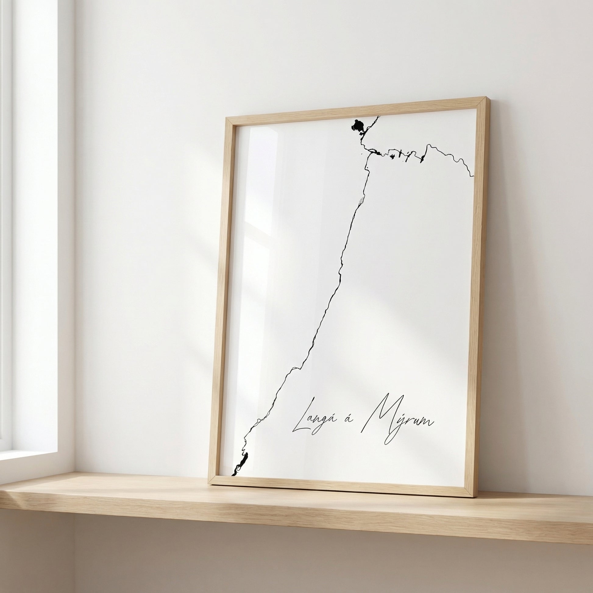 Langá á Mýrum Iceland salmon river art print in oak frame – minimalist wall art line drawing – nordic interior – Veidislod