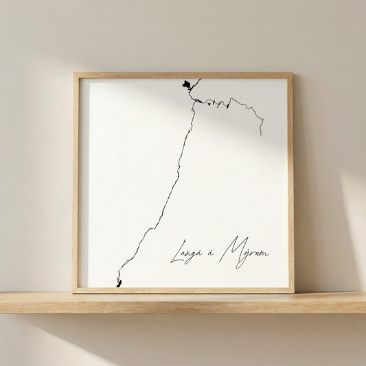 Langá á Mýrum Iceland salmon river art print in oak frame – minimalist wall art line drawing – nordic interior – Veidislod