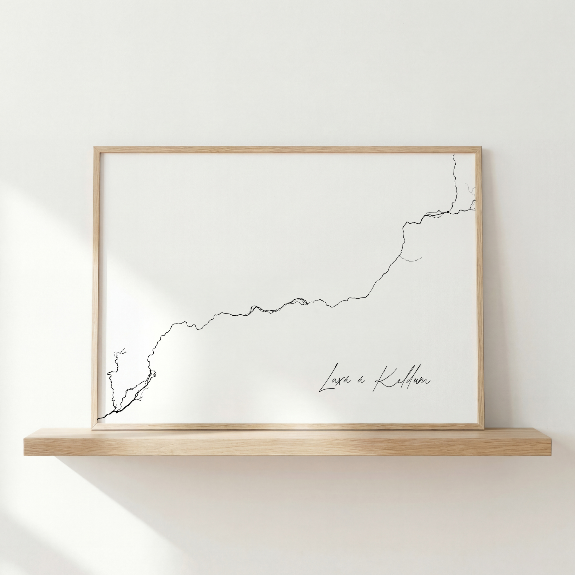 Laxá á Keldum Iceland river art print in oak frame – minimalist wall art line drawing – neutral interior wall – Veidislod
