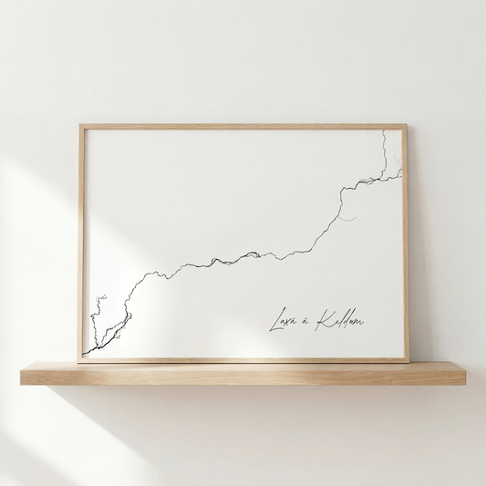 Laxá á Keldum Iceland river art print in oak frame – minimalist wall art line drawing – neutral interior wall – Veidislod