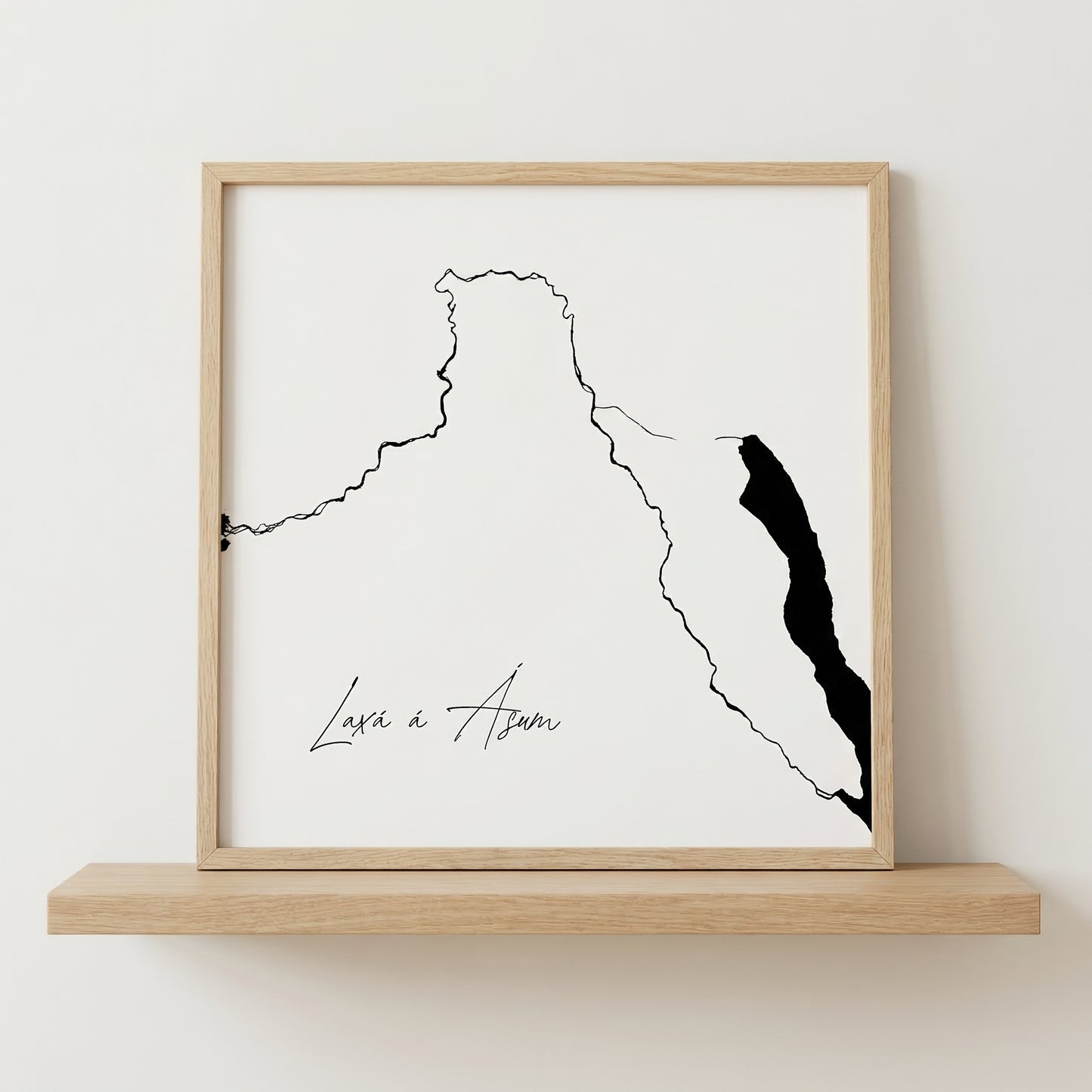 Laxá á Ásum Iceland salmon river art print in oak frame – minimalist river line art – clean nordic interior – Veidislod