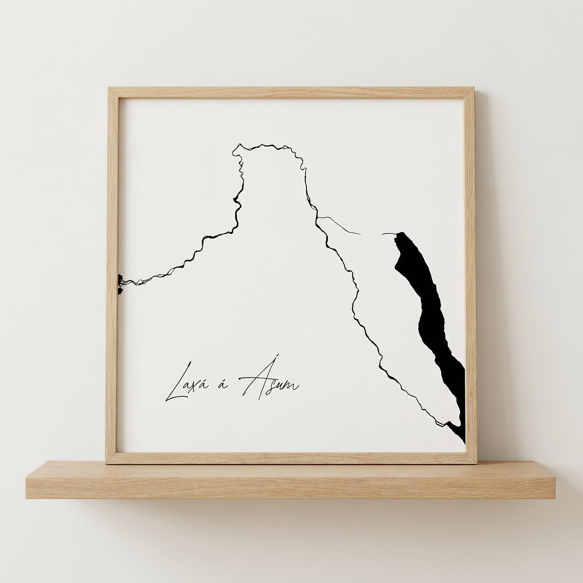 Laxá á Ásum Iceland salmon river art print in oak frame – minimalist river line art – clean nordic interior – Veidislod