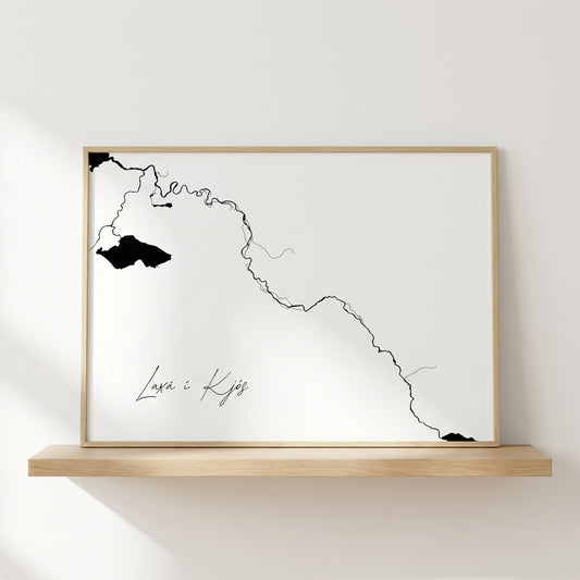 Laxá í Kjós Iceland salmon river art print in oak frame – minimalist line drawing wall decor – nordic interior – Veidislod