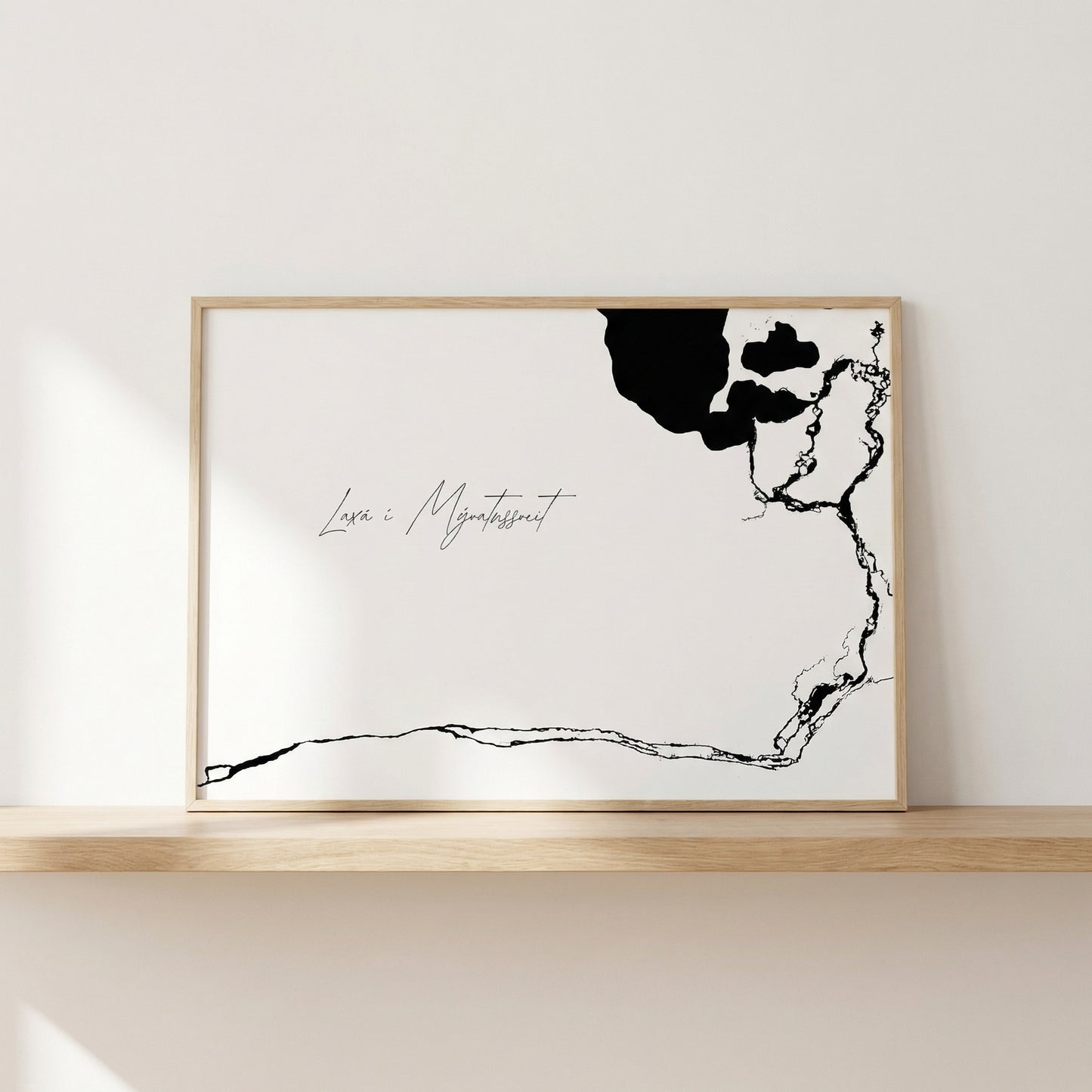 Laxá í Mývatnssveit Iceland river art print in oak frame – minimalist river line artwork – clean interior – Veidislod