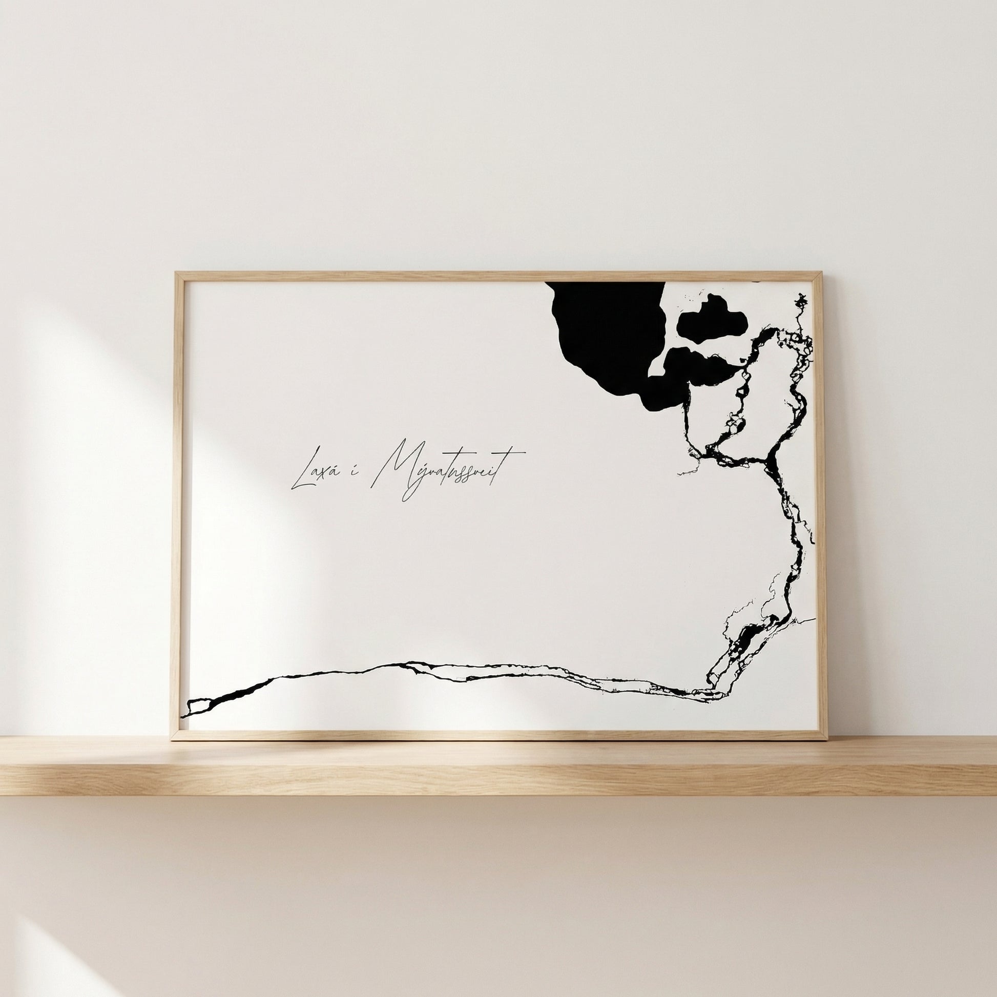 Laxá í Mývatnssveit Iceland river art print in oak frame – minimalist river line artwork – clean interior – Veidislod