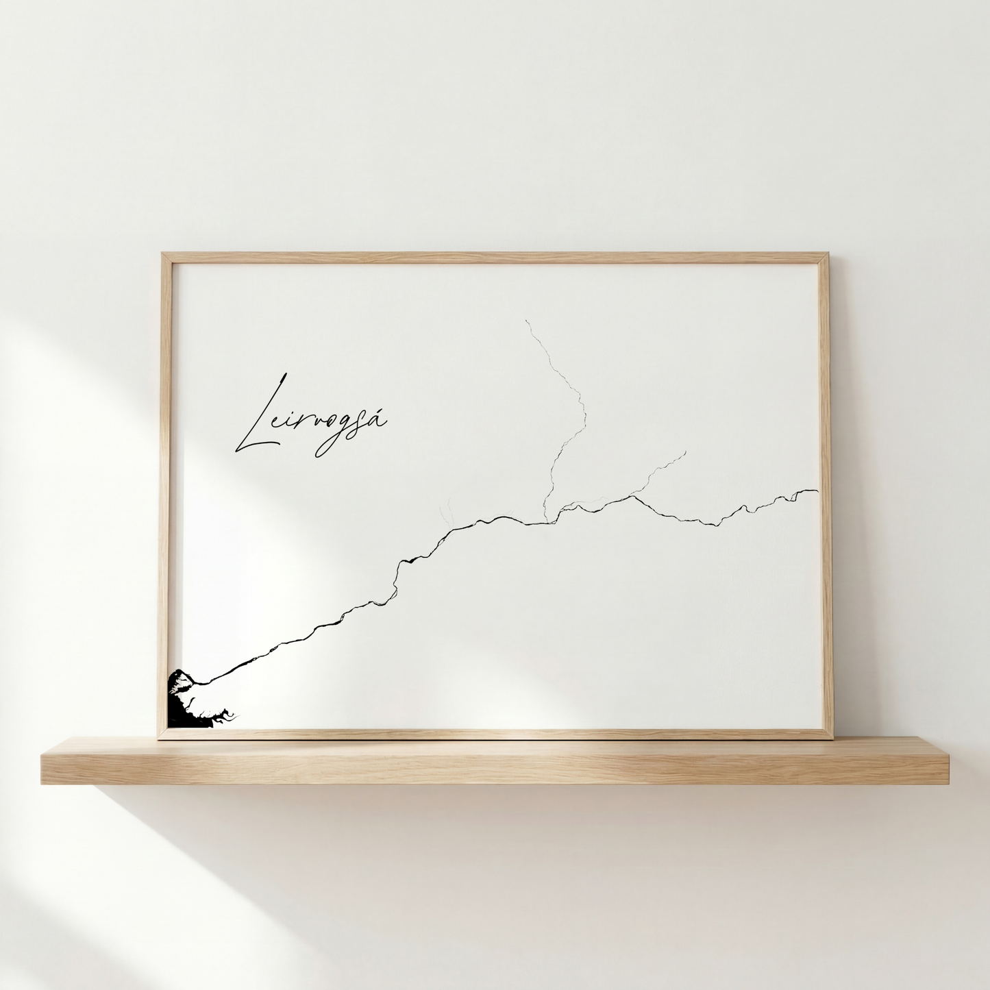 Leirvogsá Iceland river art print in oak frame – minimalist wall art line drawing – nordic decor – Veidislod
