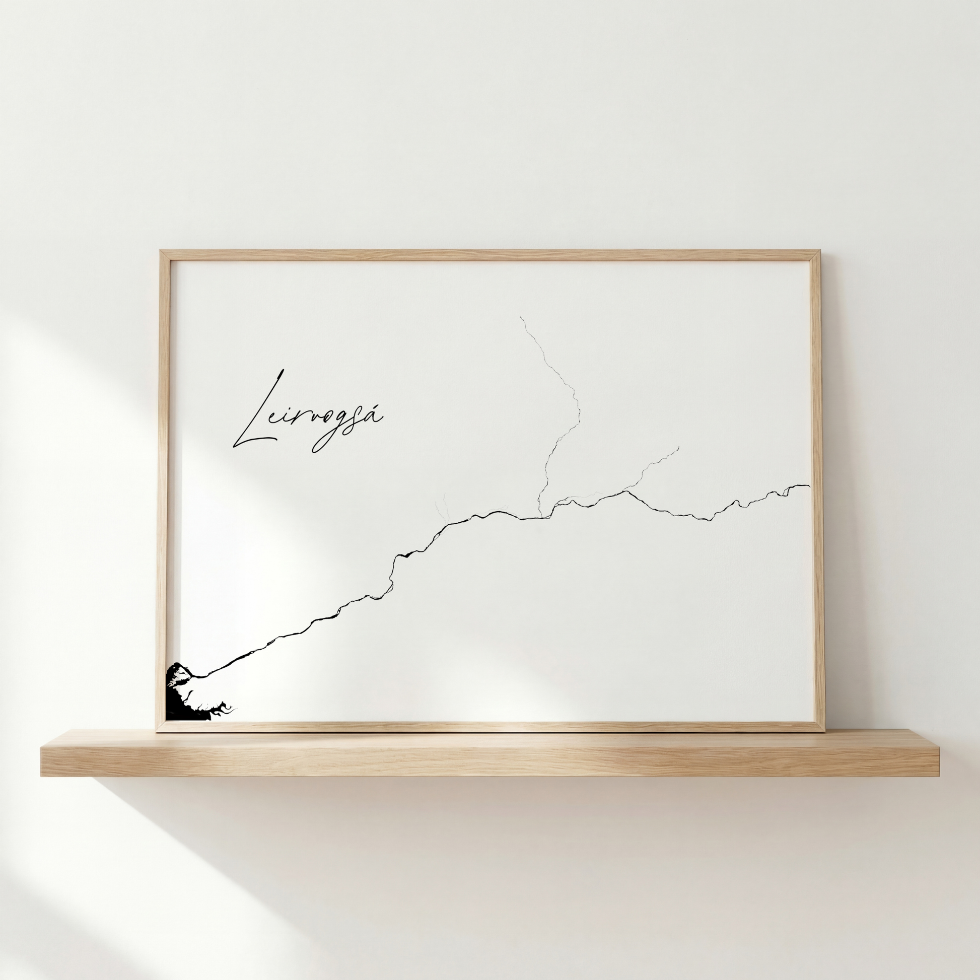 Leirvogsá Iceland river art print in oak frame – minimalist wall art line drawing – nordic decor – Veidislod