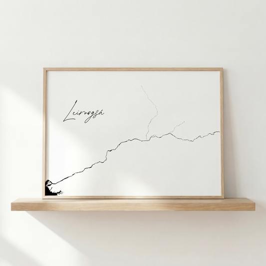 Leirvogsá Iceland river art print in oak frame – minimalist wall art line drawing – nordic decor – Veidislod