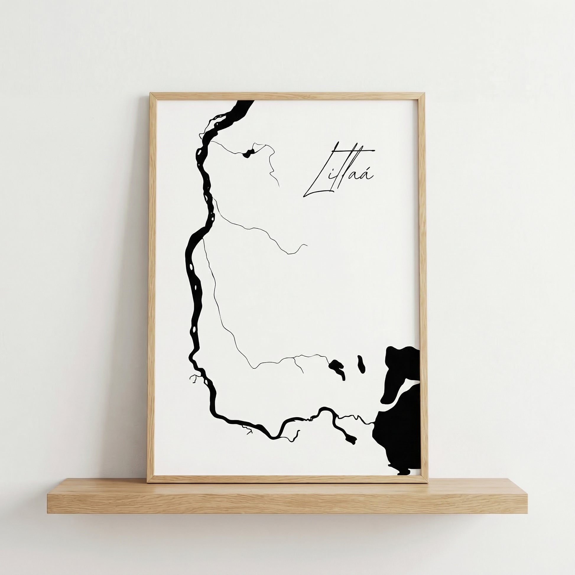 Litlaá í Keldhverfi Iceland river art print in oak frame – minimalist line drawing wall art – scandinavian interior – Veidislod