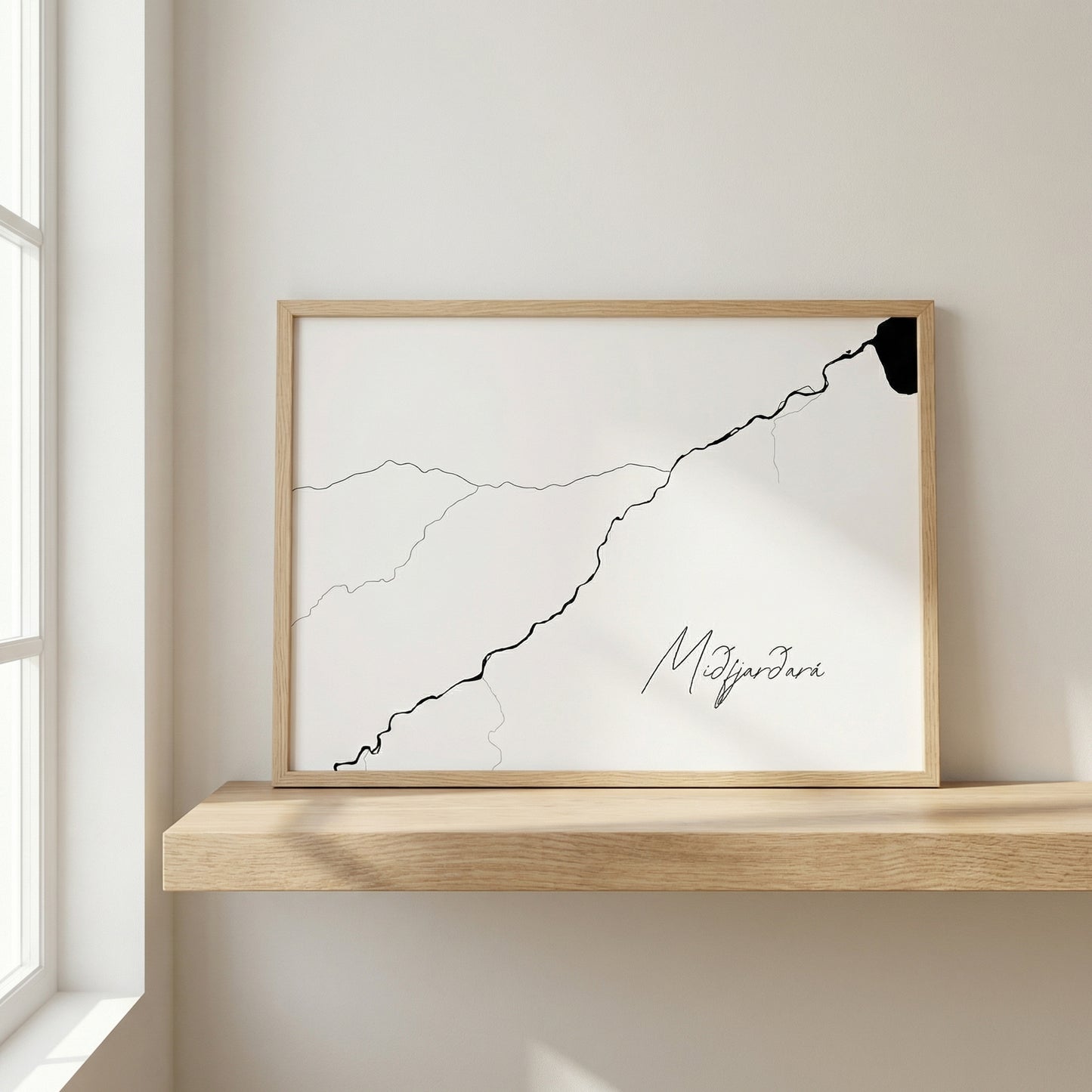 Miðfjarðará í Bakkafirði Iceland river art print in oak frame – minimalist river line artwork – clean interior wall – Veidislod