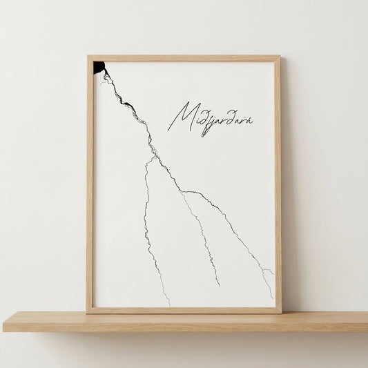 Miðfjarðará í Miðfirði Iceland river art print in oak frame – minimalist line drawing wall decor – scandinavian interior – Veidislod