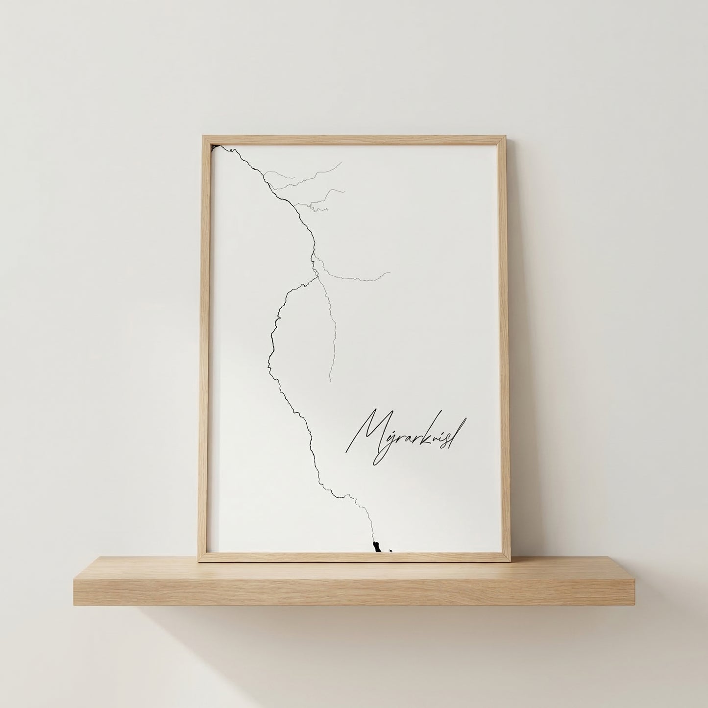 Mýarkvísl Iceland river art print in oak frame – minimalist river line art – modern nordic styling – Veidislod