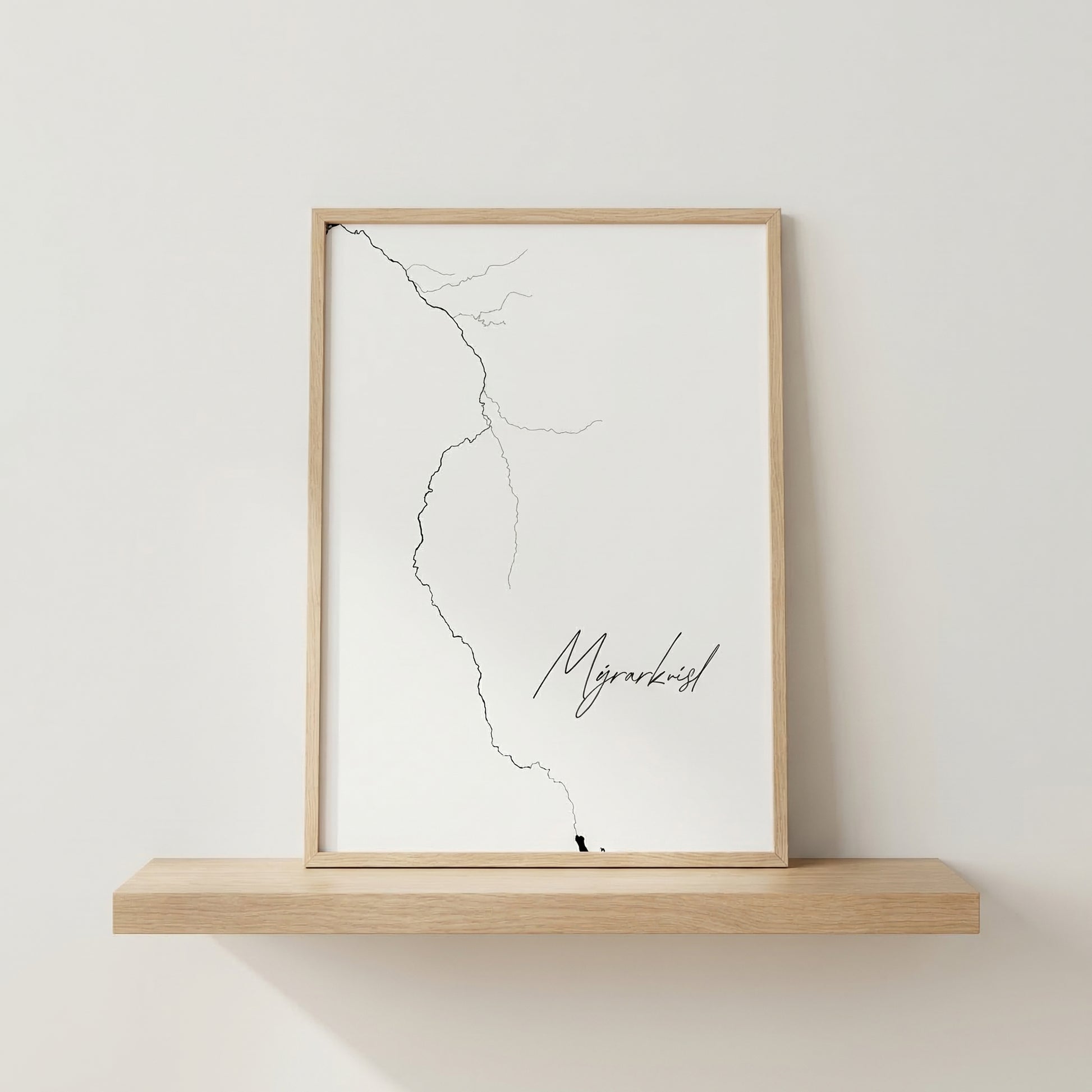 Mýarkvísl Iceland river art print in oak frame – minimalist river line art – modern nordic styling – Veidislod