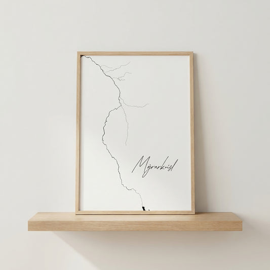 Mýarkvísl Iceland river art print in oak frame – minimalist river line art – modern nordic styling – Veidislod