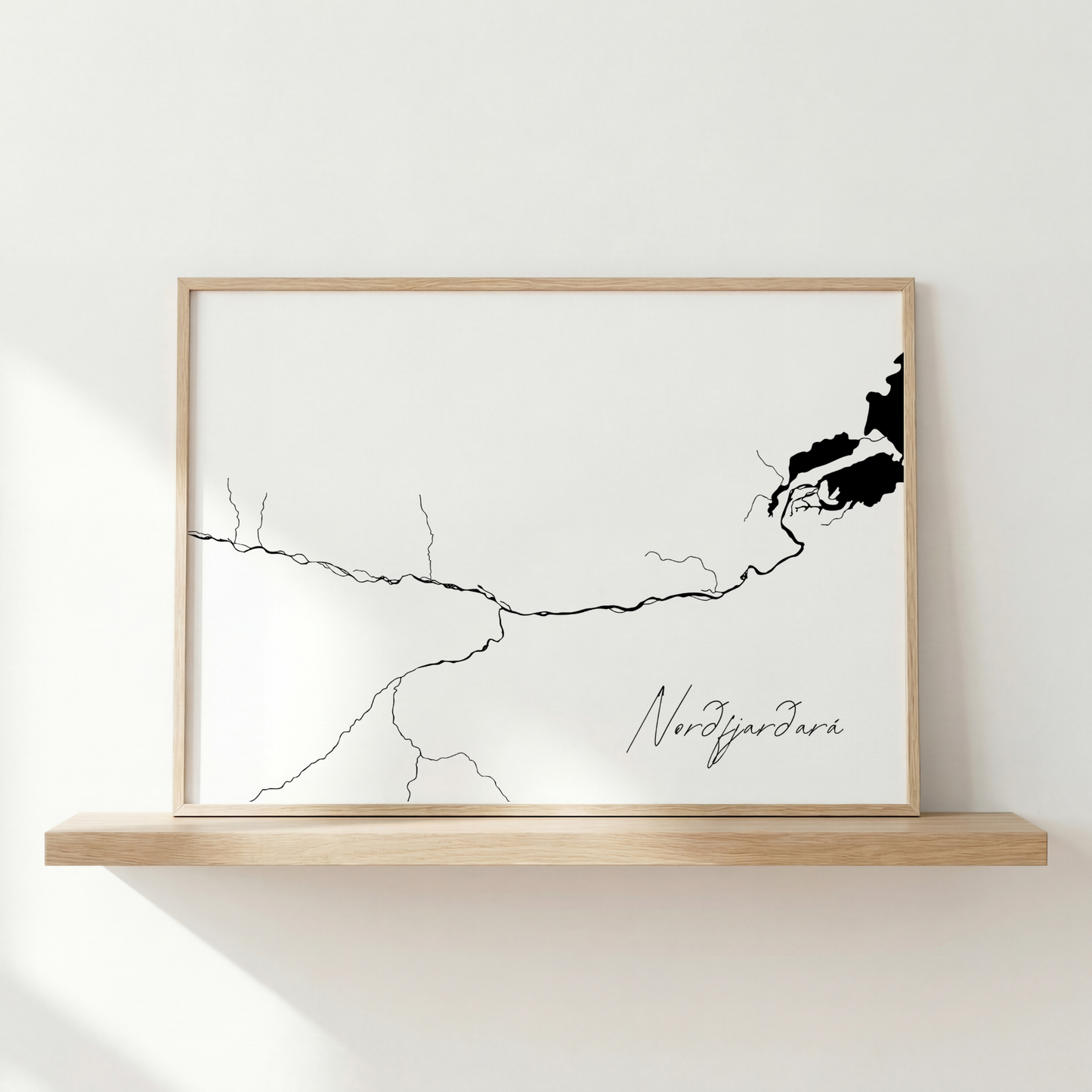 Norðfjarðará Iceland river art print in oak frame – minimalist wall art line drawing – clean scandi interior – Veidislod