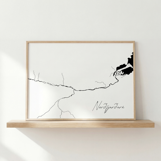 Norðfjarðará Iceland river art print in oak frame – minimalist wall art line drawing – clean scandi interior – Veidislod