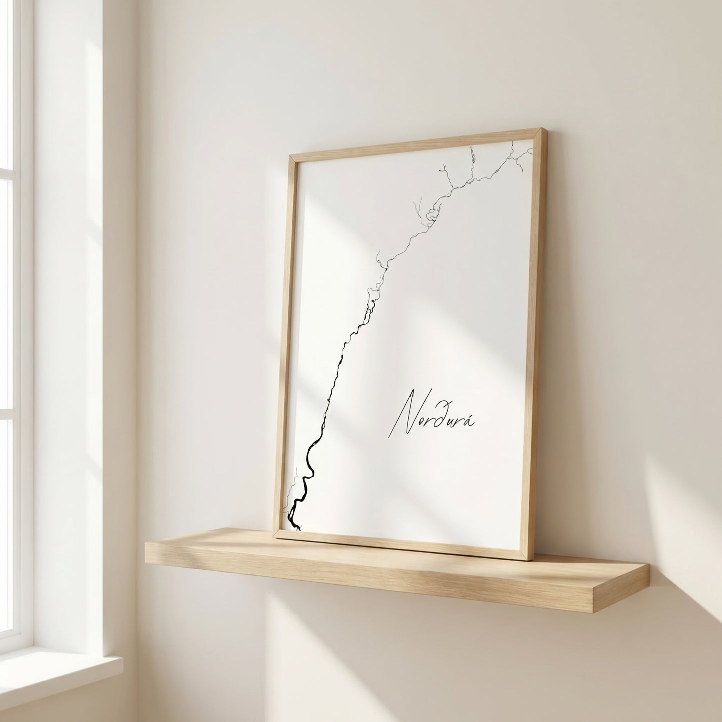Norðurá Iceland salmon river art print in oak frame – minimalist line drawing wall art – nordic interior design – Veidislod