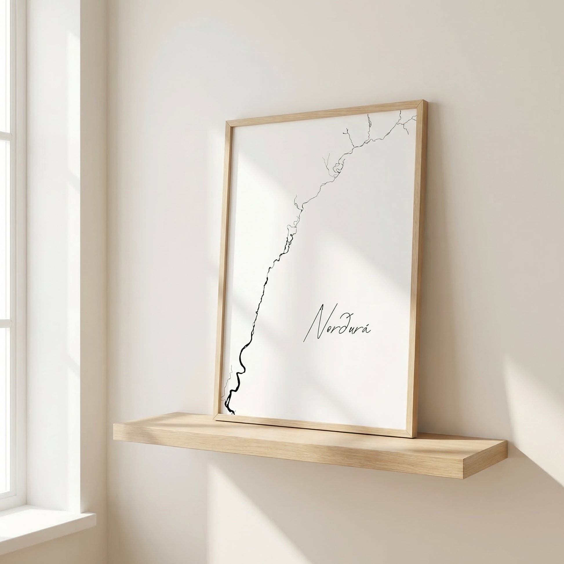 Norðurá Iceland salmon river art print in oak frame – minimalist line drawing wall art – nordic interior design – Veidislod