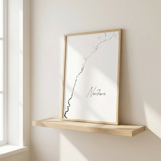 Norðurá Iceland salmon river art print in oak frame – minimalist line drawing wall art – nordic interior design – Veidislod