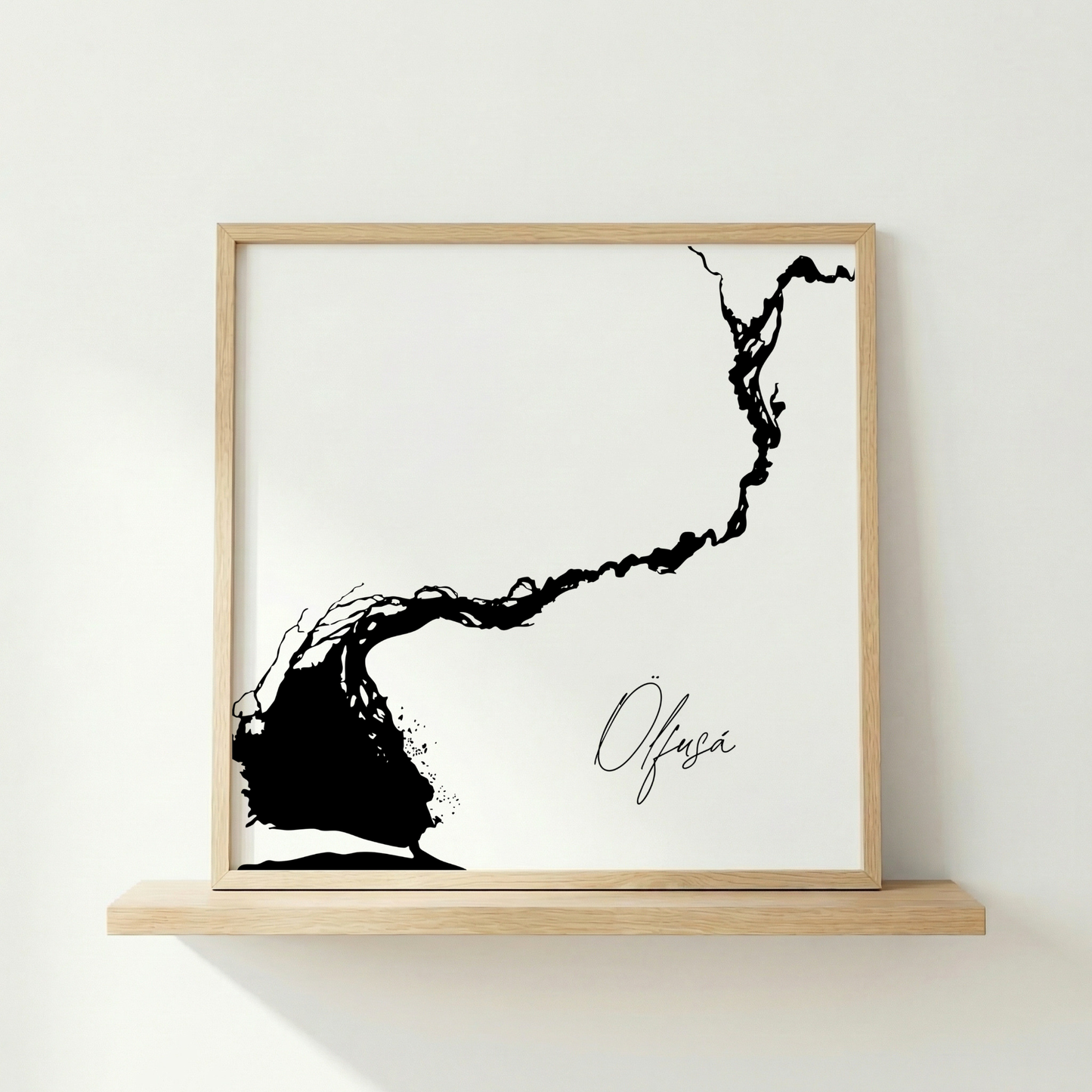 Ölfusá Iceland river art print in oak frame – minimalist river artwork – neutral interior mockup – Veidislod