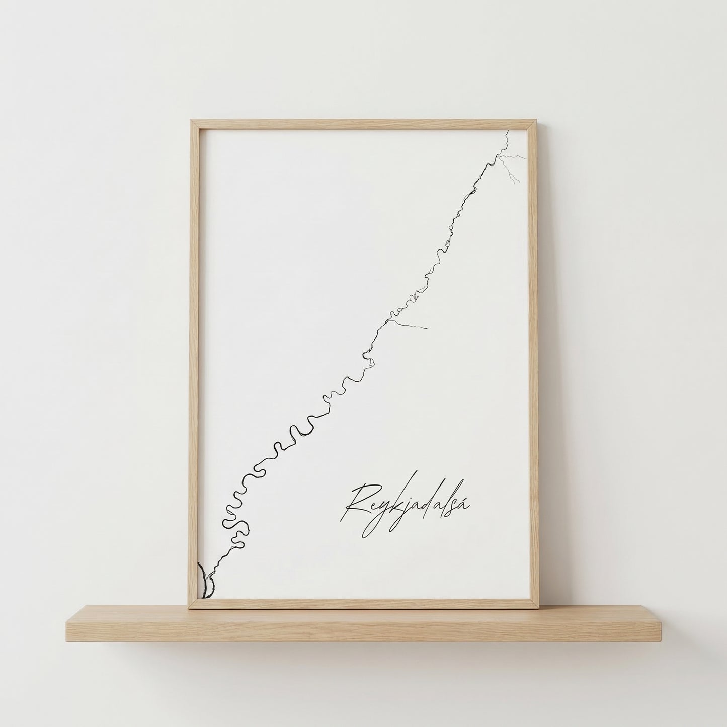 Reykjadalsá í Borgarfirði Iceland river art print in oak frame – minimalist line art wall decor – modern scandinavian interior – Veidislod