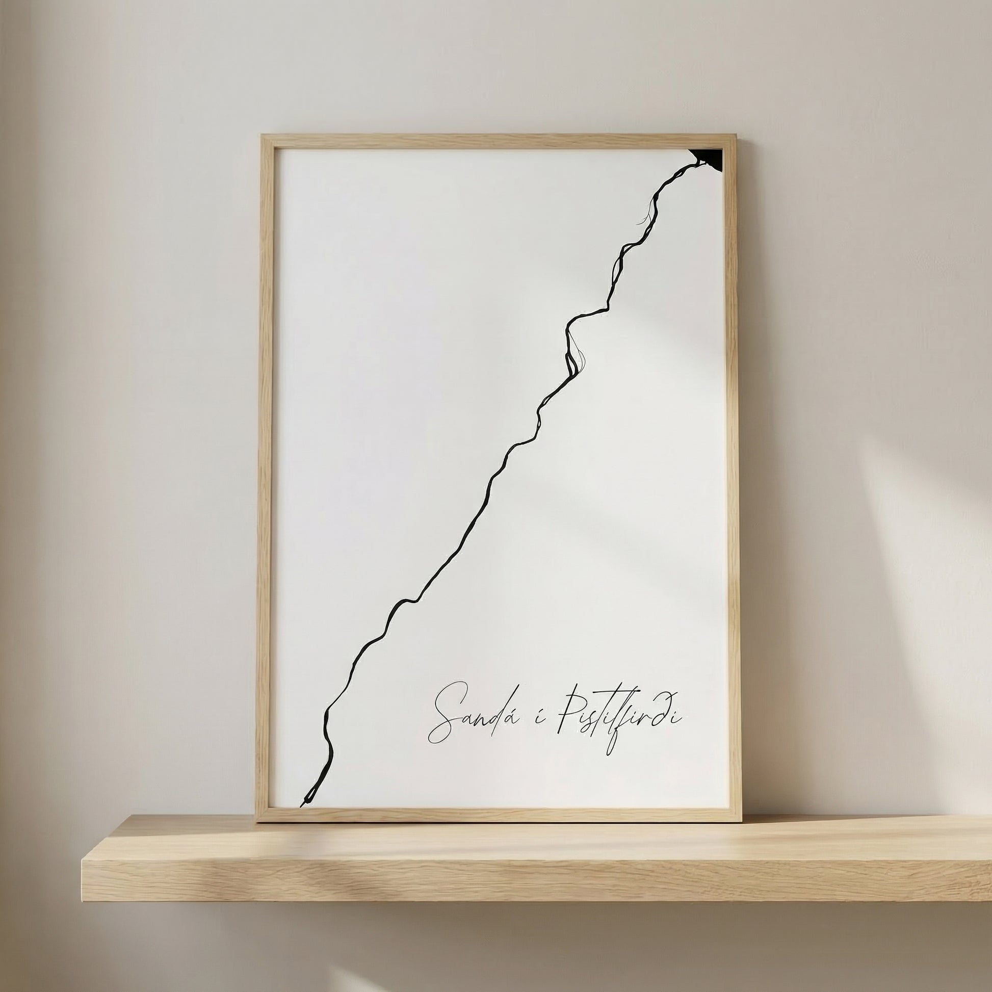 Sandá í Þistilfirði Iceland river art print in oak frame – minimalist river line drawing – clean interior styling – Veidislod