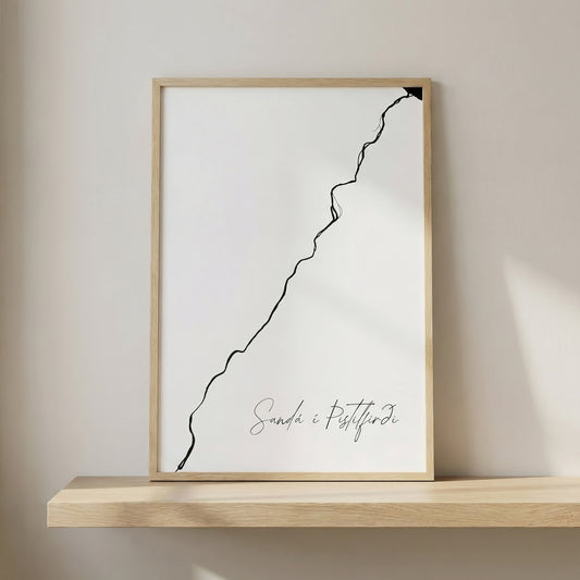 Sandá í Þistilfirði Iceland river art print in oak frame – minimalist river line drawing – clean interior styling – Veidislod