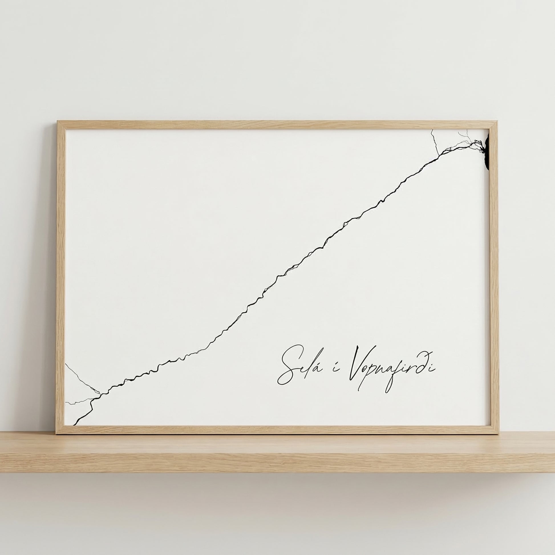 Selá í Vopnafirði Iceland river art print in oak frame – minimalist wall art line drawing – nordic decor – Veidislod