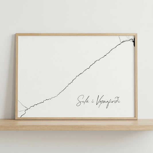 Selá í Vopnafirði Iceland river art print in oak frame – minimalist wall art line drawing – nordic decor – Veidislod
