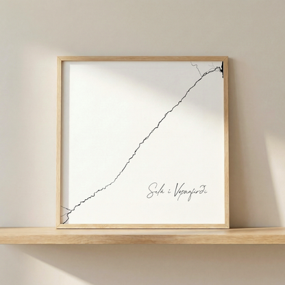 Selá í Vopnafirði Iceland river art print in oak frame – minimalist wall art line drawing – nordic decor – Veidislod